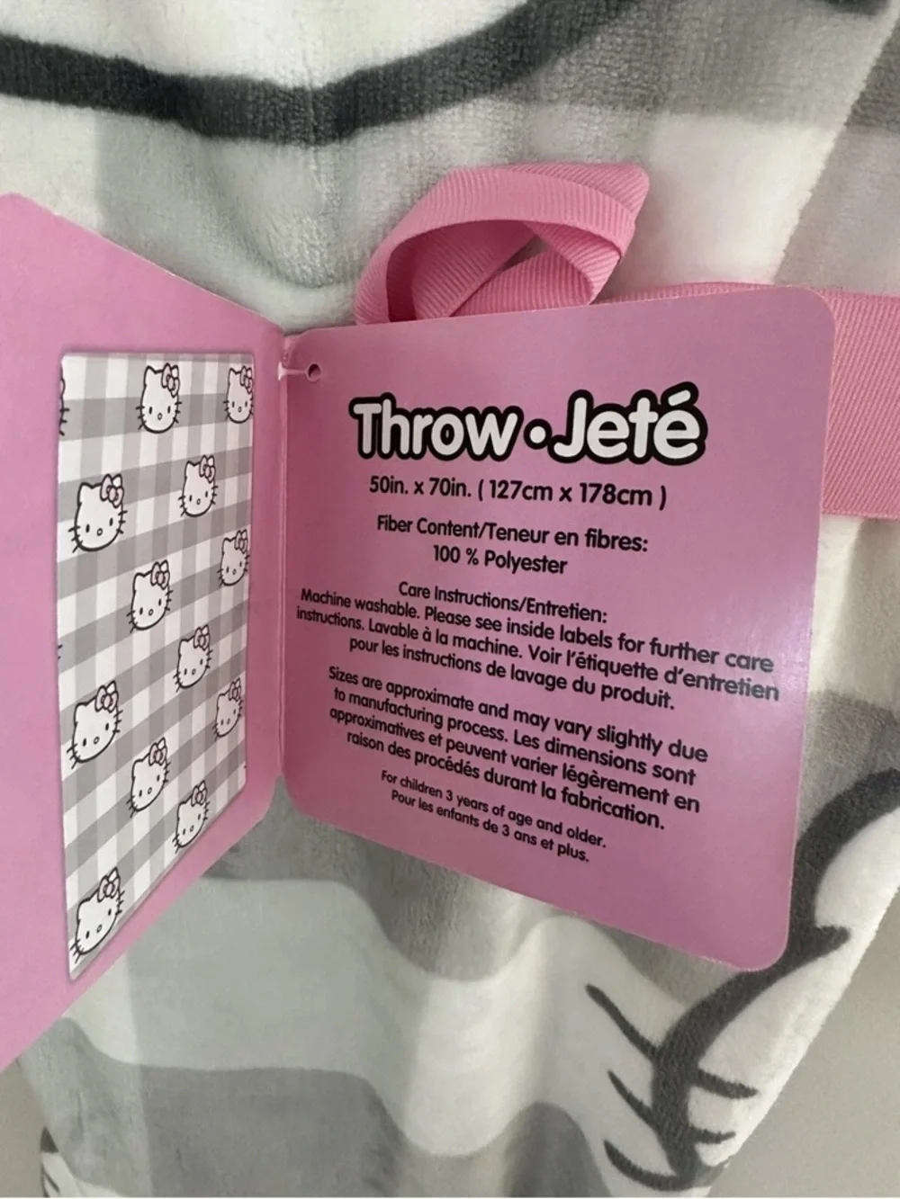 Hello Kitty Plush Throw Blanket Pink Bow Gray White Gingham Check 50”x70”